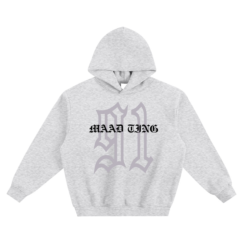 Gray hoodie with 'MAD TING' logo on a white background