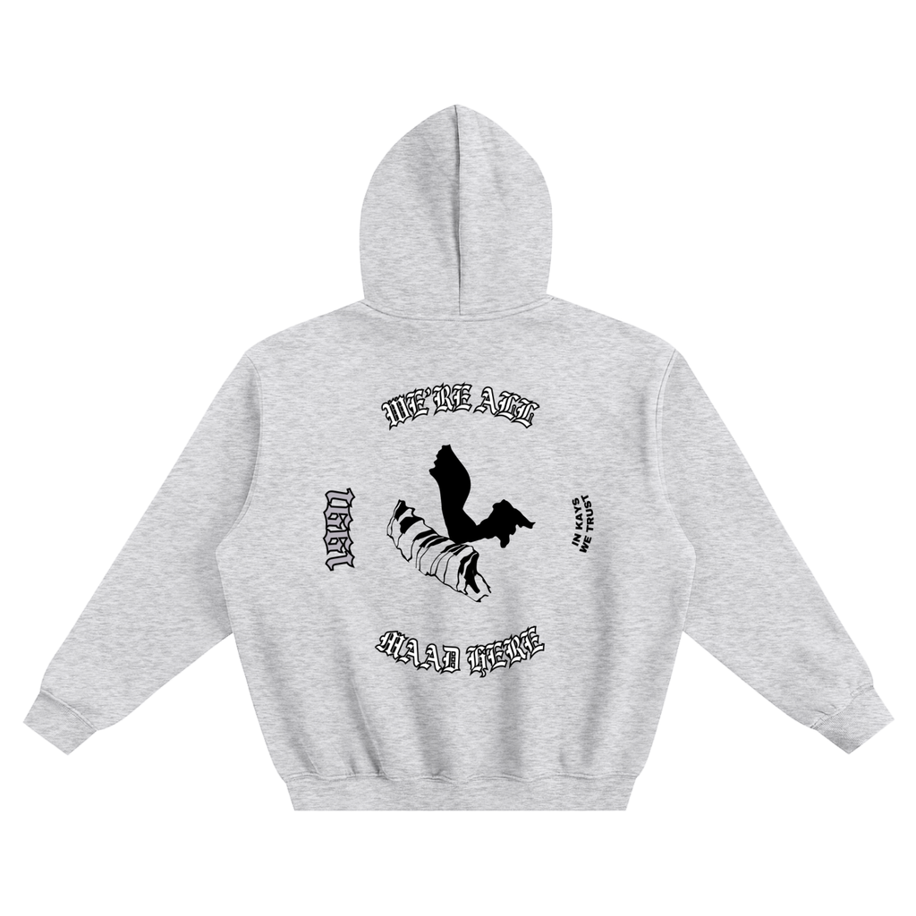 Gray hoodie with black text and graphics on a white background